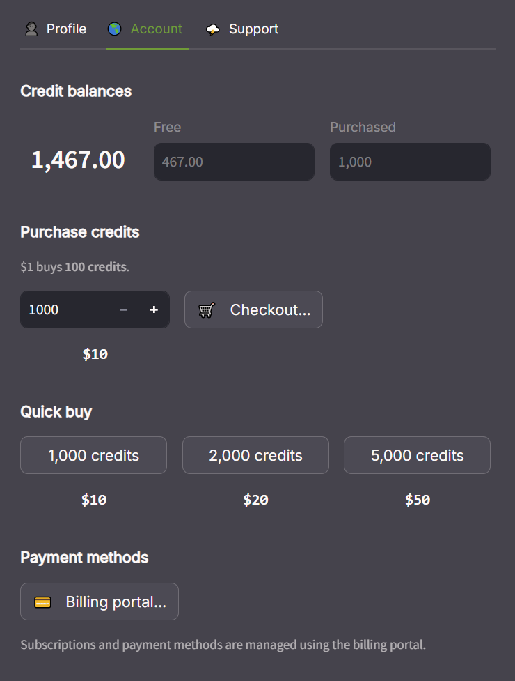 Screenshot of the Account page in the Options