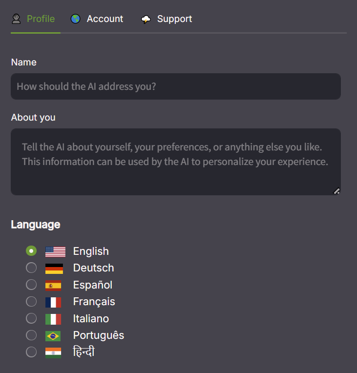 Screenshot of the Profile page in the Options