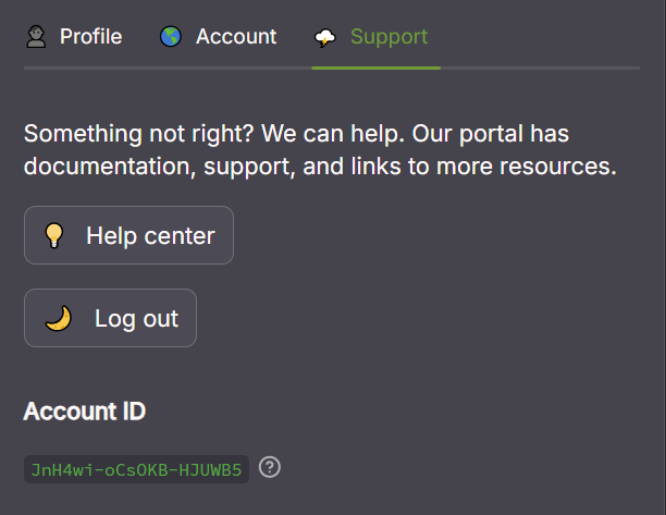 Screenshot of the Support page in the Options