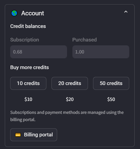 Screenshot of the Account panel