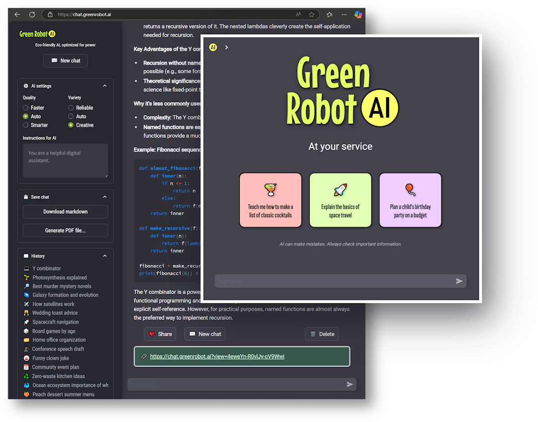 Screen shots of Green Robot AI's interface