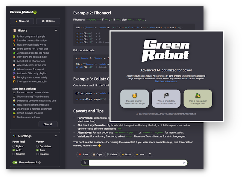 Screen shots of Green Robot AI's interface